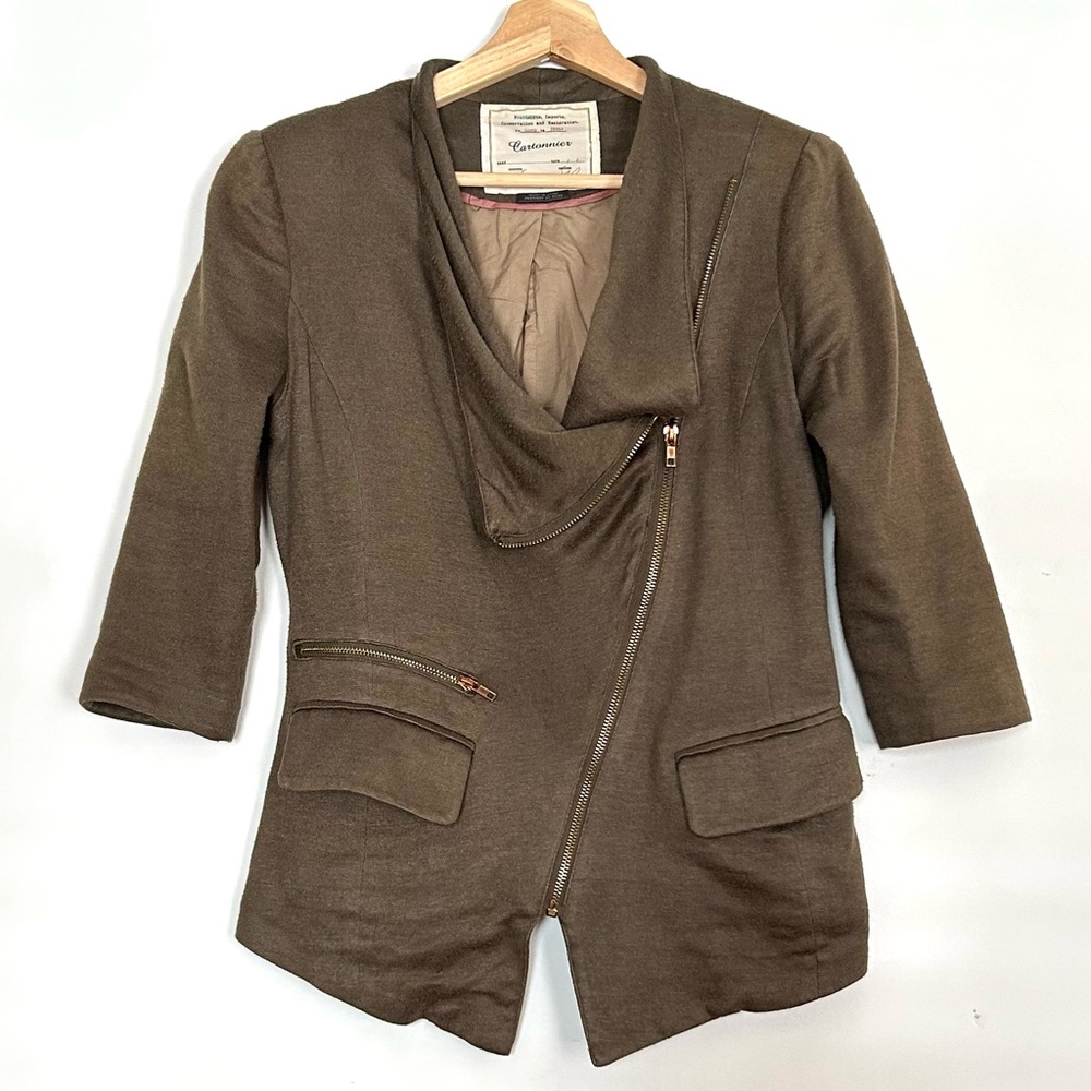 CARTONNIER olive fitted moto jacket with pockets and gold zippers